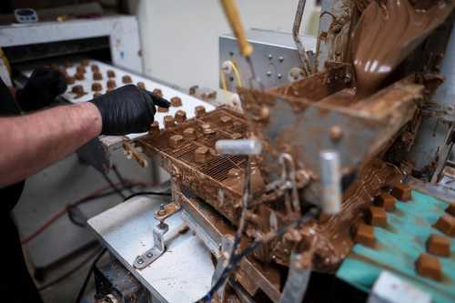 A worker in gloves operates a chocolate molding machine, pouring melted chocolate into molds.