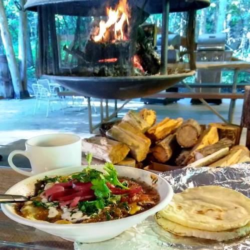 A bowl of colorful stew garnished with herbs, served with flatbread, beside a cozy fire and stacked firewood.