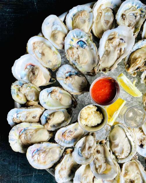 A platter of fresh oysters on ice, accompanied by lemon wedges, cocktail sauce, and minced garlic.