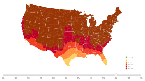 Map of the U.S. showing temperature variations from August to November, with color gradients indicating heat levels.