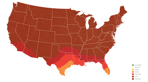 Map of the U.S. showing varying levels of climate change impact, with color gradients from green (no change) to dark red (past).