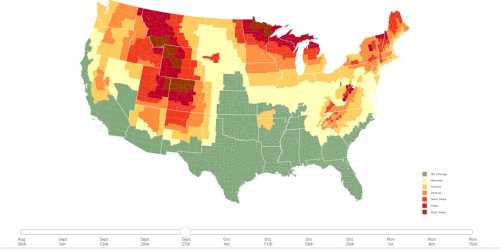 Map of the U.S. showing seasonal color changes in foliage from August to November, with varying shades indicating different regions.