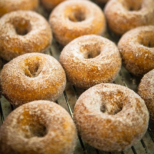 A close-up of freshly made, sugar-coated donuts arranged on a cooling rack.