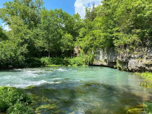 A serene river flows through lush greenery, with rocky cliffs and trees lining the banks under a clear blue sky.