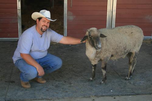 A man in a cowboy hat kneels beside a sheep in a barn, smiling and gently petting the animal.