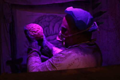 A person in surgical attire holds a brain under purple lighting, with a brain illustration in the background.