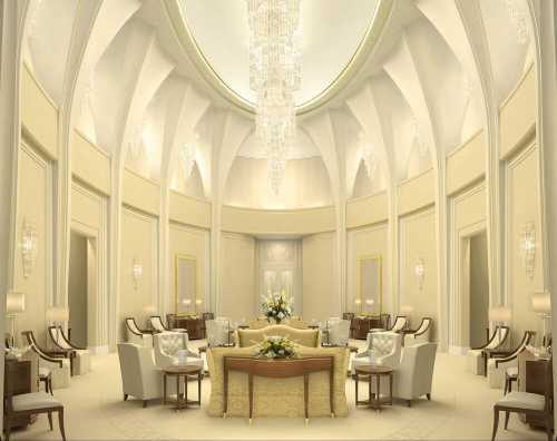 Luxurious interior of a grand room with elegant furniture, chandeliers, and soft lighting.