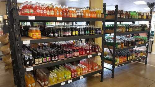 A display of colorful soda bottles on shelves in a store, featuring various flavors and brands.