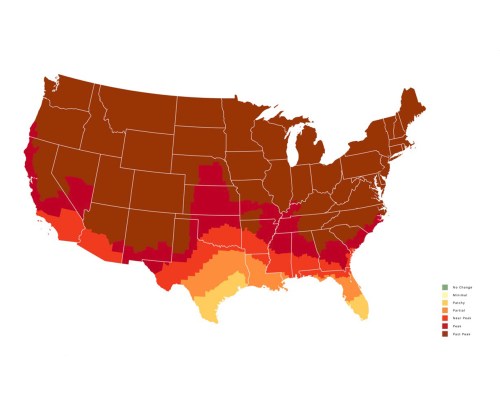 Map of the U.S. showing varying levels of change, with color gradients from green (no change) to dark red (very high change).