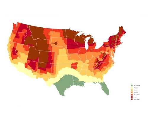 U.S. map showing varying levels of climate change impact, with color gradients indicating severity across regions.