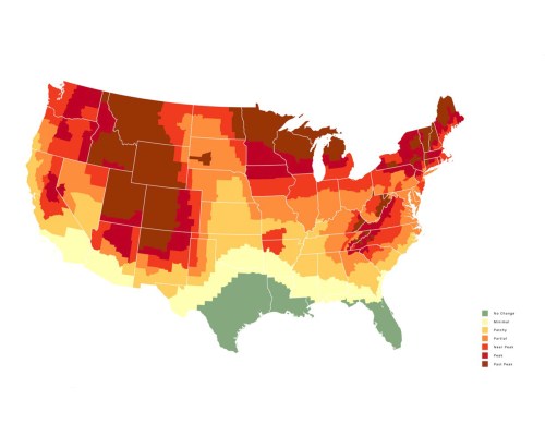 U.S. map showing varying levels of climate change impact, with color gradients indicating severity across regions.
