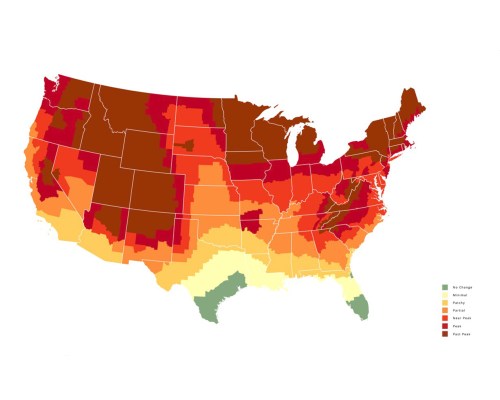 Map of the United States showing varying levels of change, with color gradients indicating different regions.