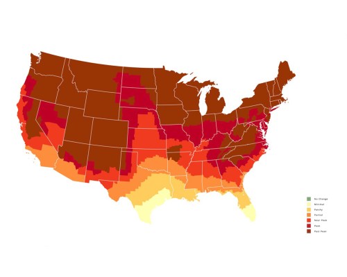 Map of the U.S. showing varying levels of change, with color gradients from green (no change) to dark red (very high change).