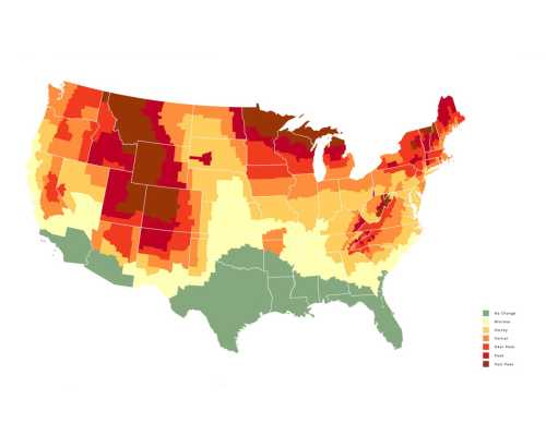 Map of the U.S. showing varying levels of change in vegetation, with colors ranging from green to red.