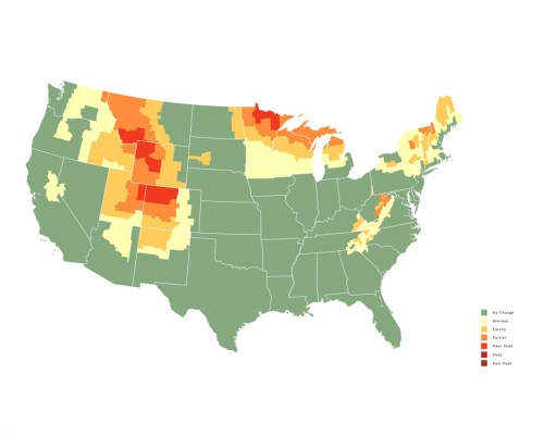 Map of the United States showing varying levels of change, with color gradients indicating different regions' statuses.