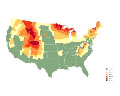 Map of the U.S. showing varying levels of change in vegetation, with color gradients from green to red.