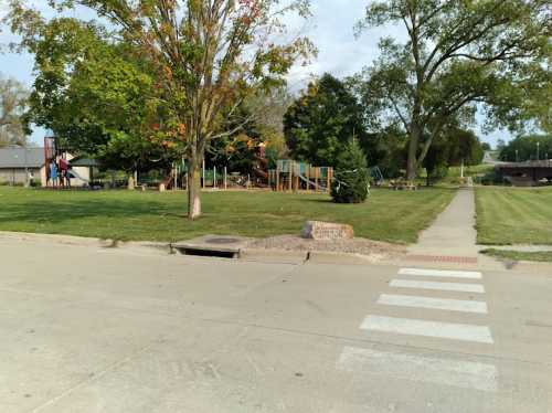 A playground with colorful equipment surrounded by trees, viewed from a nearby sidewalk and street.