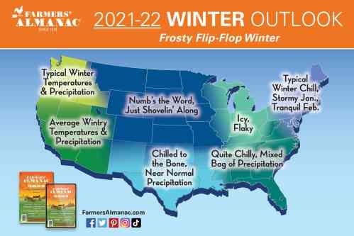 Map of the U.S. showing the 2021-22 winter outlook with varying temperatures and precipitation across regions.