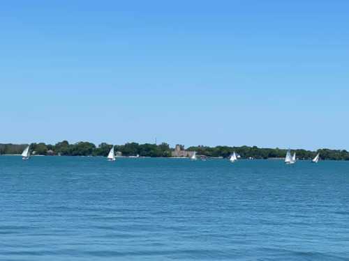 Sailboats glide across a calm blue lake with a clear sky and green shoreline in the background.