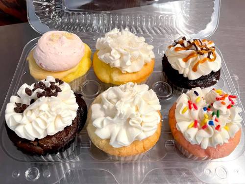 A clear container holds six colorful cupcakes with various frosting and toppings, including sprinkles and chocolate chips.