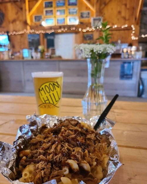 A bowl of pulled pork mac and cheese on a table, with a beer and a vase of flowers in a rustic setting.
