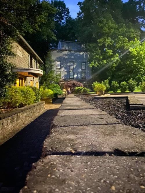 A stone pathway leads to a building surrounded by trees, illuminated softly at night.