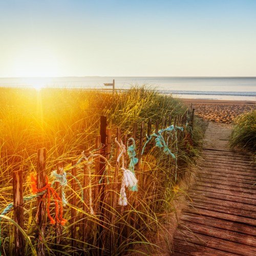 A sandy path leads to the beach, framed by tall grass and colorful ribbons, with a bright sunrise in the background.