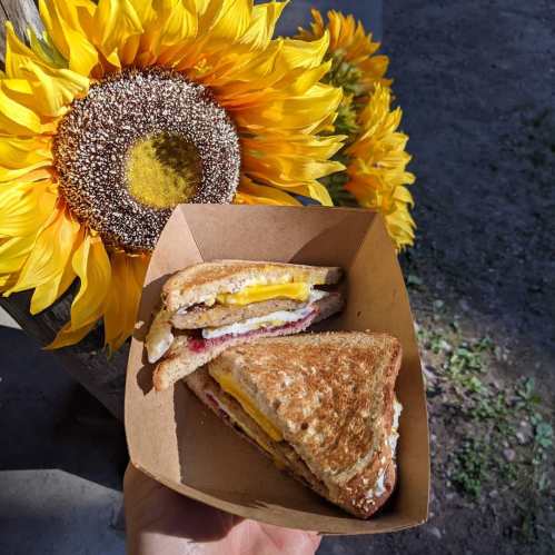 A hand holding a sandwich in a brown box, with vibrant sunflowers in the background.