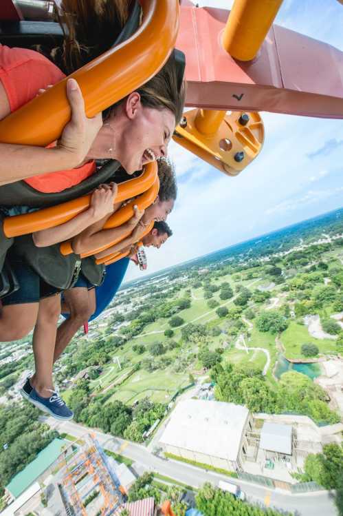 Three people scream with excitement on a roller coaster, hanging upside down over a scenic landscape below.