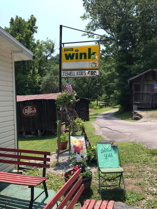A rustic sign for "Wink" with colorful decorations and a welcoming atmosphere near a country road.