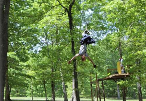 A person hangs upside down from a tree branch in a lush green forest, with a treehouse visible in the background.