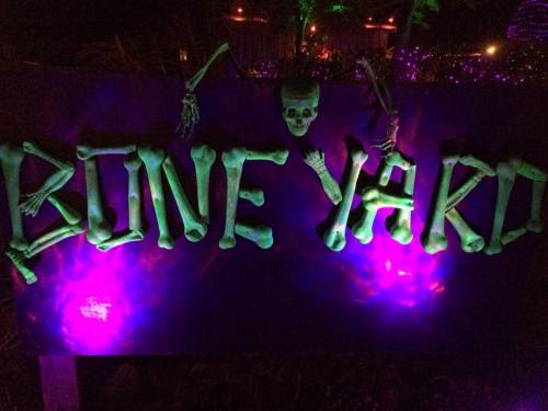 A spooky sign reading "BONE YARD" decorated with skeletons and illuminated by purple lights.