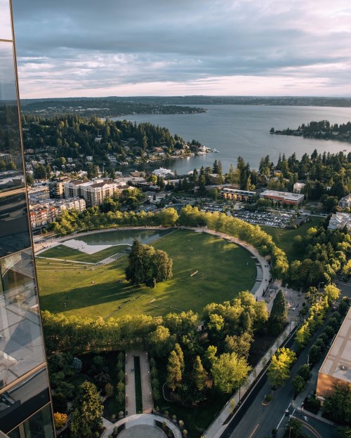 Aerial view of a circular park surrounded by trees, buildings, and a lake under a cloudy sky.