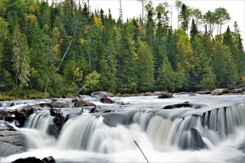 A serene waterfall cascades over dark rocks, surrounded by lush green trees and autumn foliage.