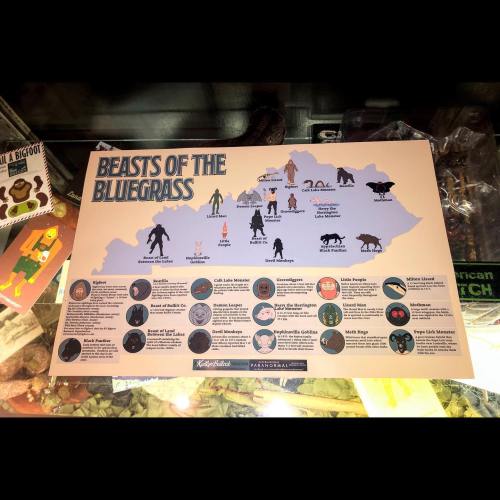 A colorful poster titled "Beasts of the Bluegrass," featuring various mythical creatures and their descriptions.