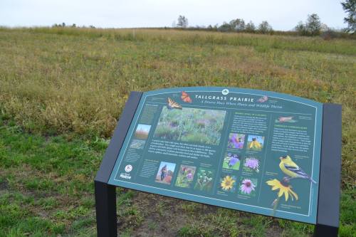 A sign about Tallgrass Prairie stands in a grassy field under a cloudy sky.