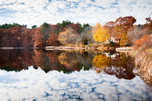 A serene lake surrounded by autumn trees, reflecting colorful foliage and a cloudy sky.