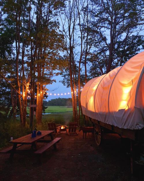 A cozy campsite with a lit wagon, picnic table, and string lights among trees at dusk, overlooking a serene landscape.