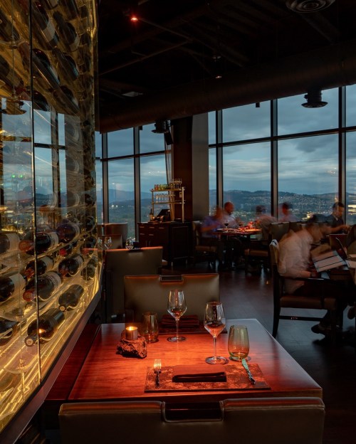 A dimly lit restaurant table with wine glasses, a candle, and a view of the city skyline through large windows.