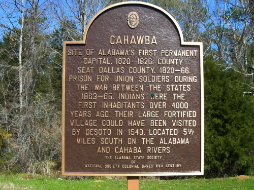 Historical marker for Cahawba, Alabama's first capital, detailing its significance and history from 1820 to 1866.