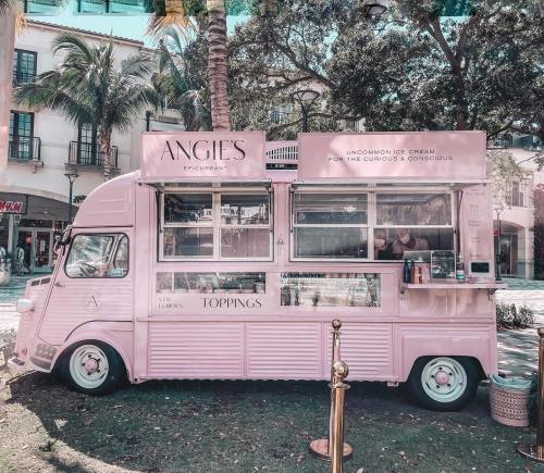 A pink ice cream truck named "Angie's" with a menu and toppings displayed, set in a sunny outdoor location.