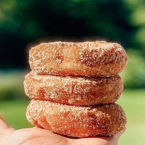 A hand holding three stacked, sugar-coated donuts against a blurred outdoor background.