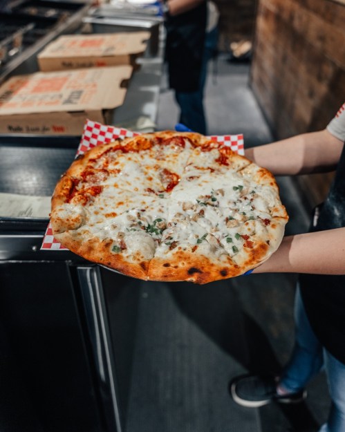A person holds a large pizza topped with cheese, sausage, and herbs, with a checkered paper lining.