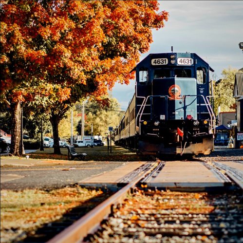 A vintage train on tracks with vibrant autumn trees and a small town in the background.