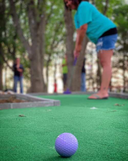 A person prepares to putt a purple golf ball on a mini-golf course surrounded by trees.