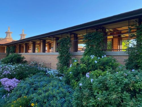 A modern building with large windows surrounded by lush greenery and colorful flowers under a clear blue sky.