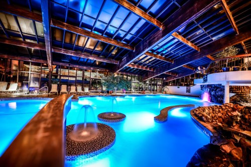Indoor pool with blue lighting, water features, and a wooden ceiling, surrounded by lounge chairs and greenery.