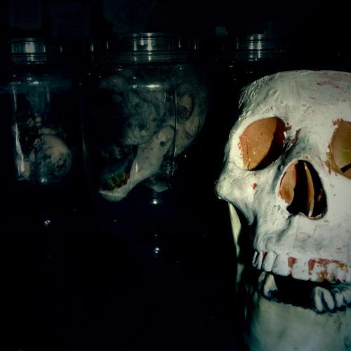 A close-up of a skull with orange eyes, surrounded by jars containing preserved specimens in a dimly lit setting.