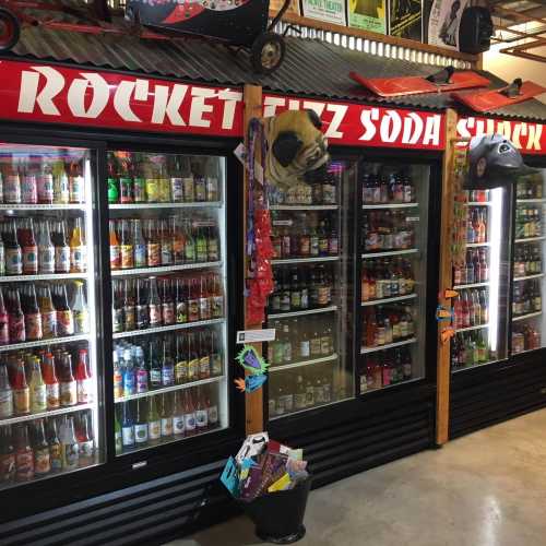 A colorful display of soda bottles in glass refrigerators at a retro-themed soda shop.