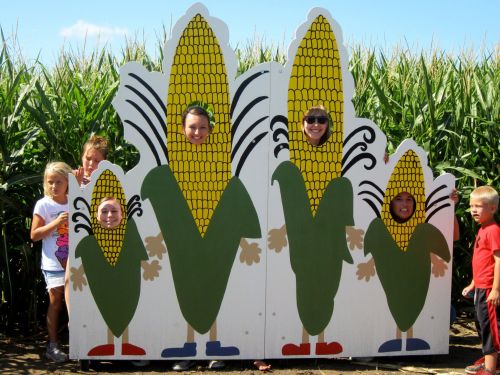 A group of children and adults pose behind a corn-themed cutout in a cornfield, smiling and having fun.